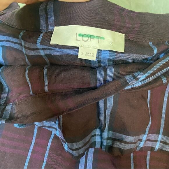 Loft purple plaid casual off the shoulder ruffled sleeves top blouse S - Picture 8 of 15